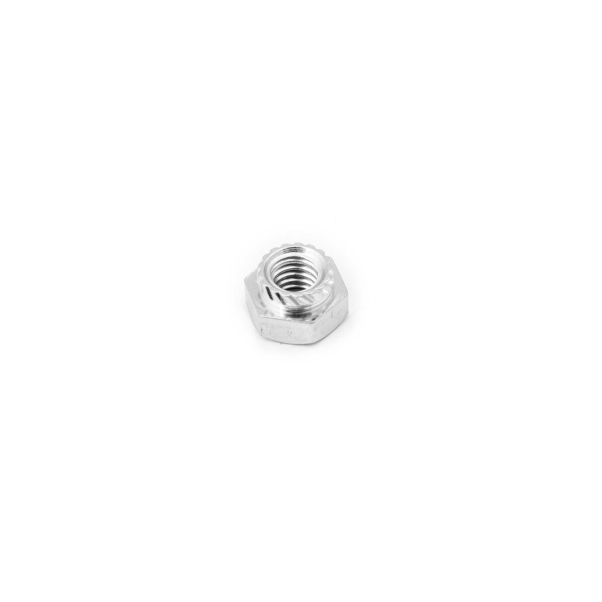 Écrous hexagonaux à sertir M4, alésage Ø 5.5mm, acier cémenté trempé, zingué-bleu Écrous hexagonaux à sertir M4, alésage Ø 5.5mm, acier cémenté trempé, zingué-bleu