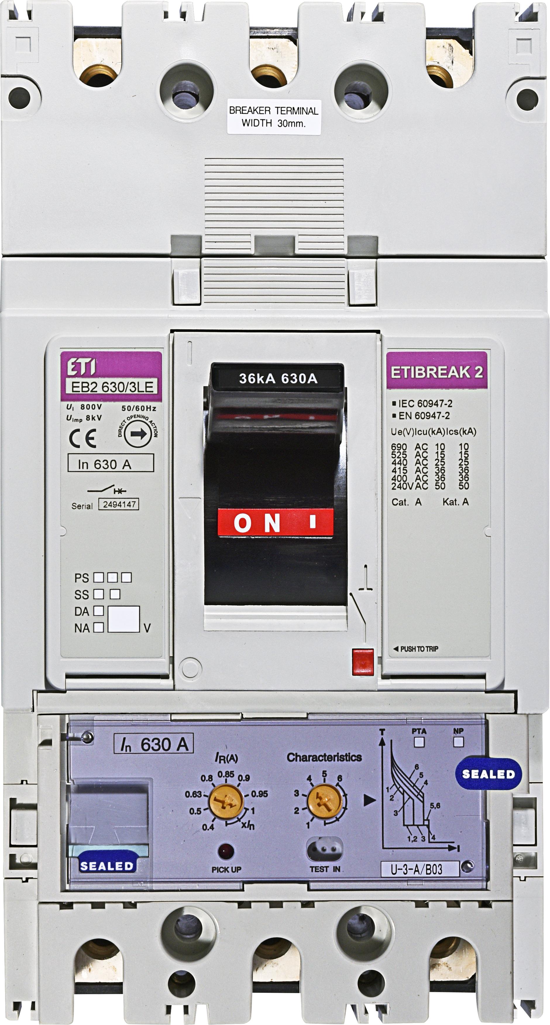 Interruttore automatico EB2 630/3LE 630A, Icu 36kA / Ics 36kA