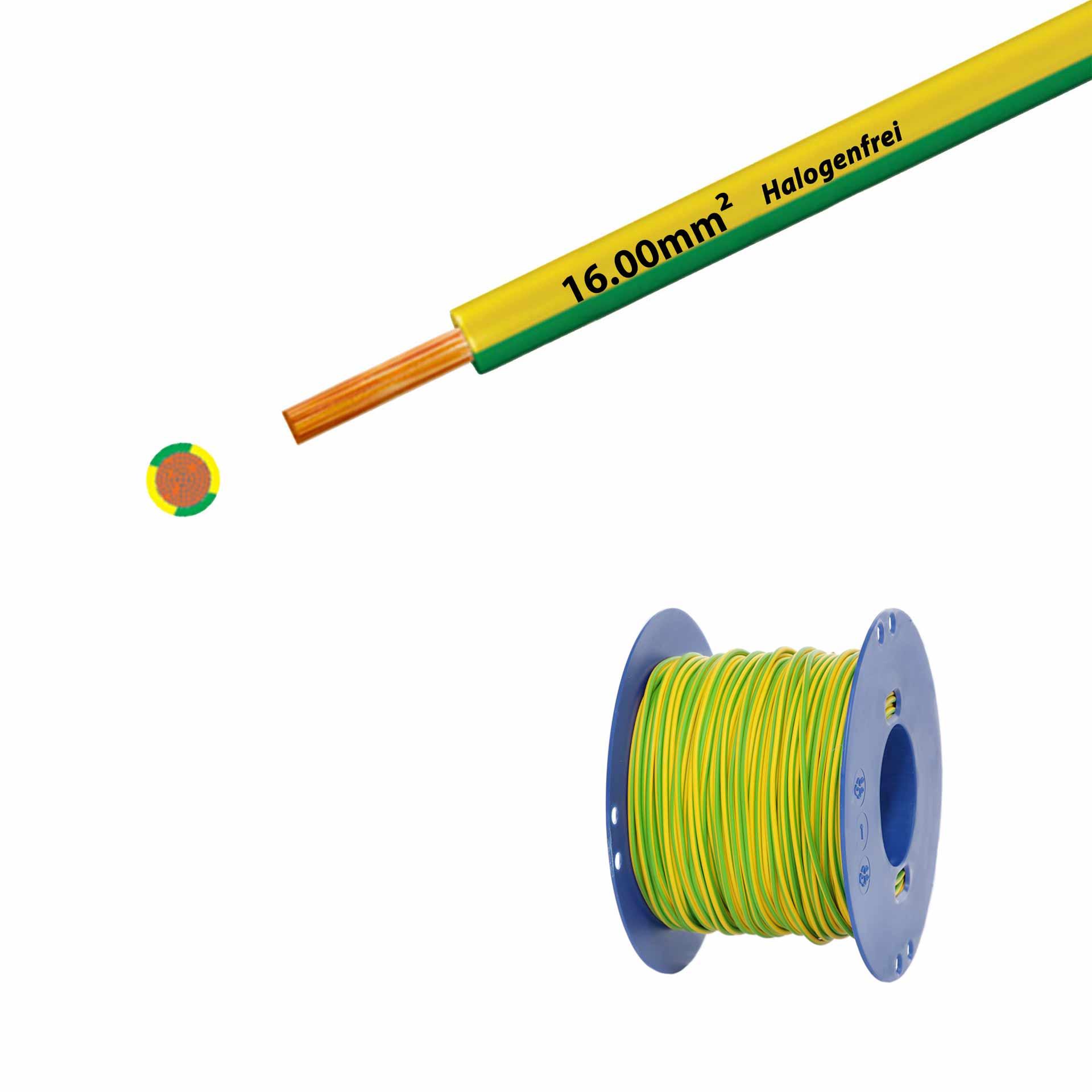 Litze halogenfrei 90° C , 750V, 16.00mm2, gelb-grün (RAL 1021/6018), auf Kunststoffrolle
