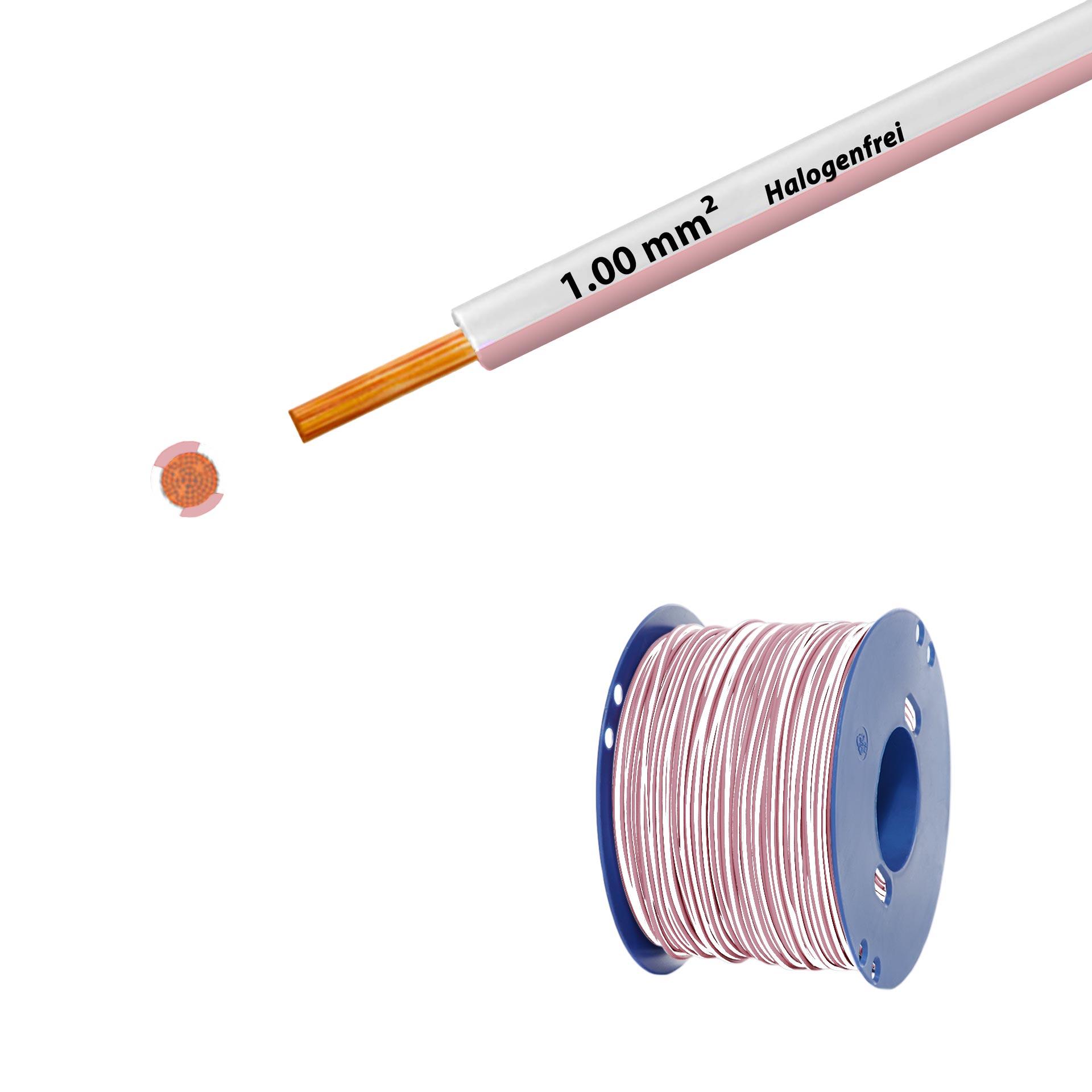 Fil sans halogène 90° C , 500V, 1.00mm2, blanc-rose (RAL 9010/3015), sur bobine