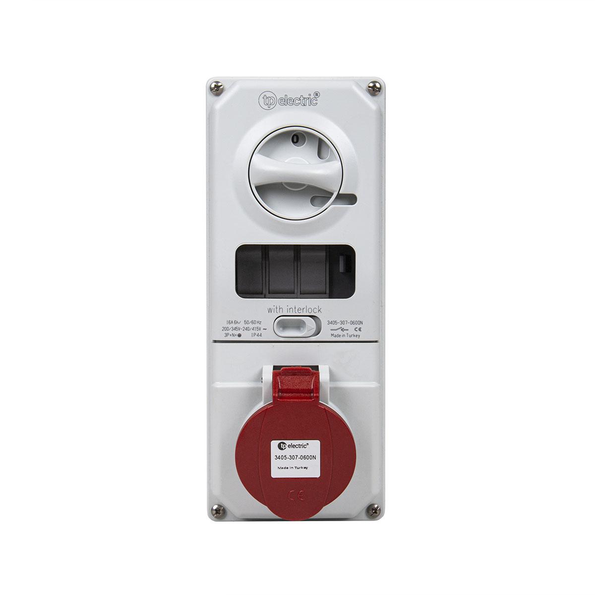 Prise AP avec interrupteur principal et fusible CEE 16A 5P 6h, 3PNE 400V, contacts nickelés Prise AP avec interrupteur principal et fusible CEE 16A 5P 6h, 3PNE 400V, contacts nickelés