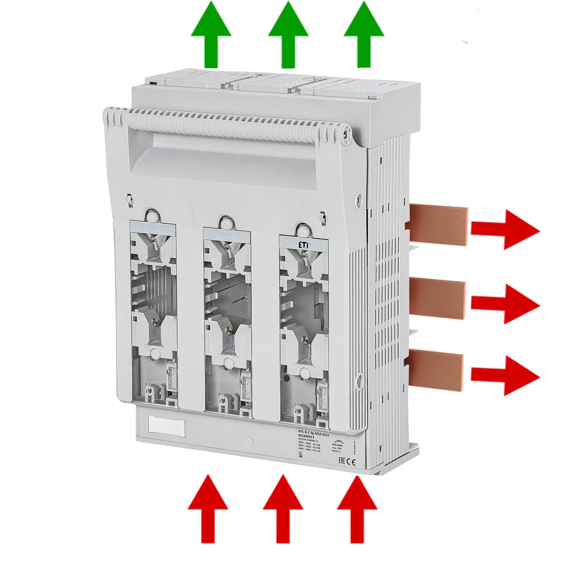Sezionatore con fusibili NH taglia 2, 3P, max. 400A, KVL B/FT M10-M10 AO (sistema a sbarre) Sezionatore con fusibili NH taglia 2, 3P, max. 400A, KVL B/FT M10-M10 AO (sistema a sbarre)