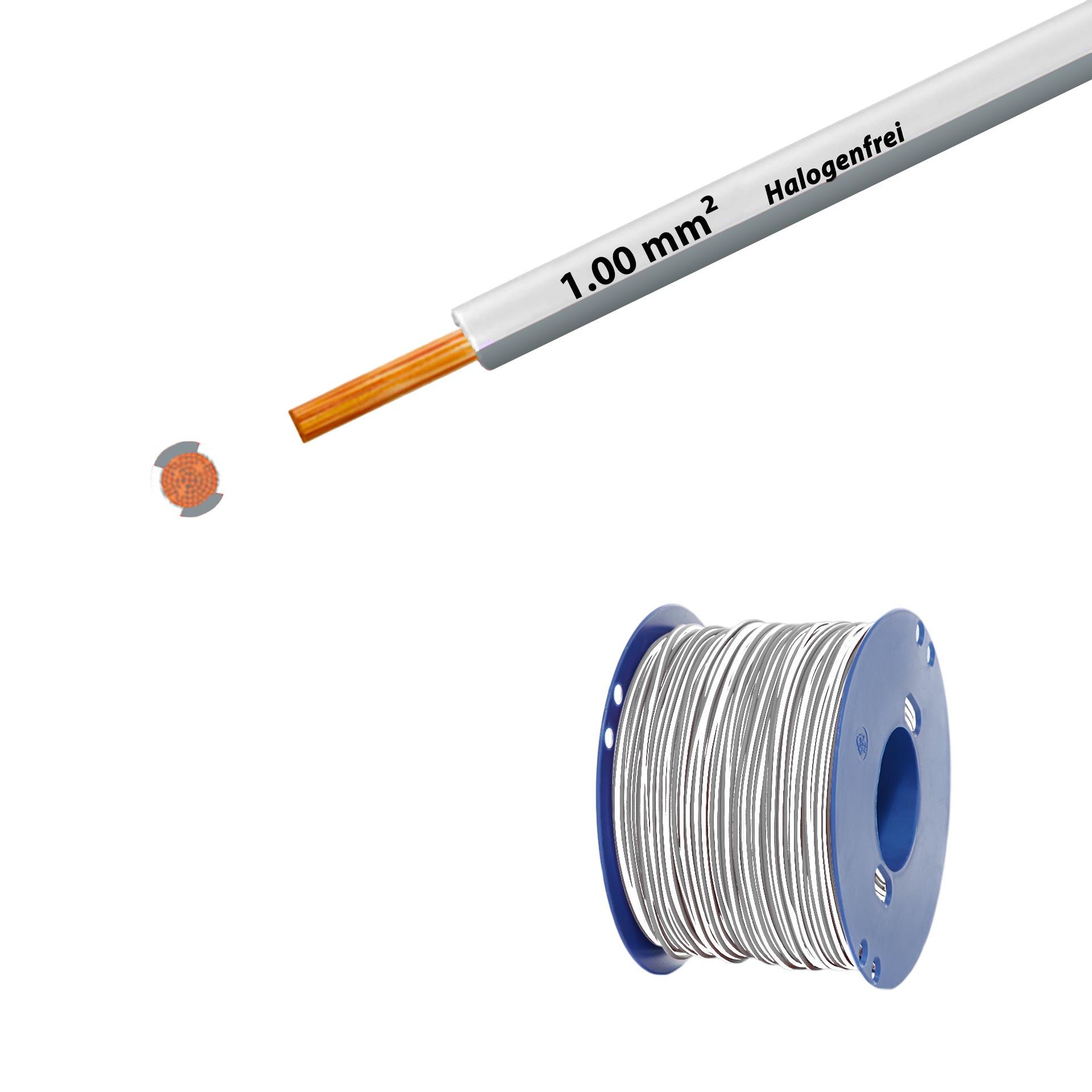 Litze halogenfrei 90° C , 500V, 1.00mm2, weiss-grau (RAL 9010/7001), auf Kunststoffrolle