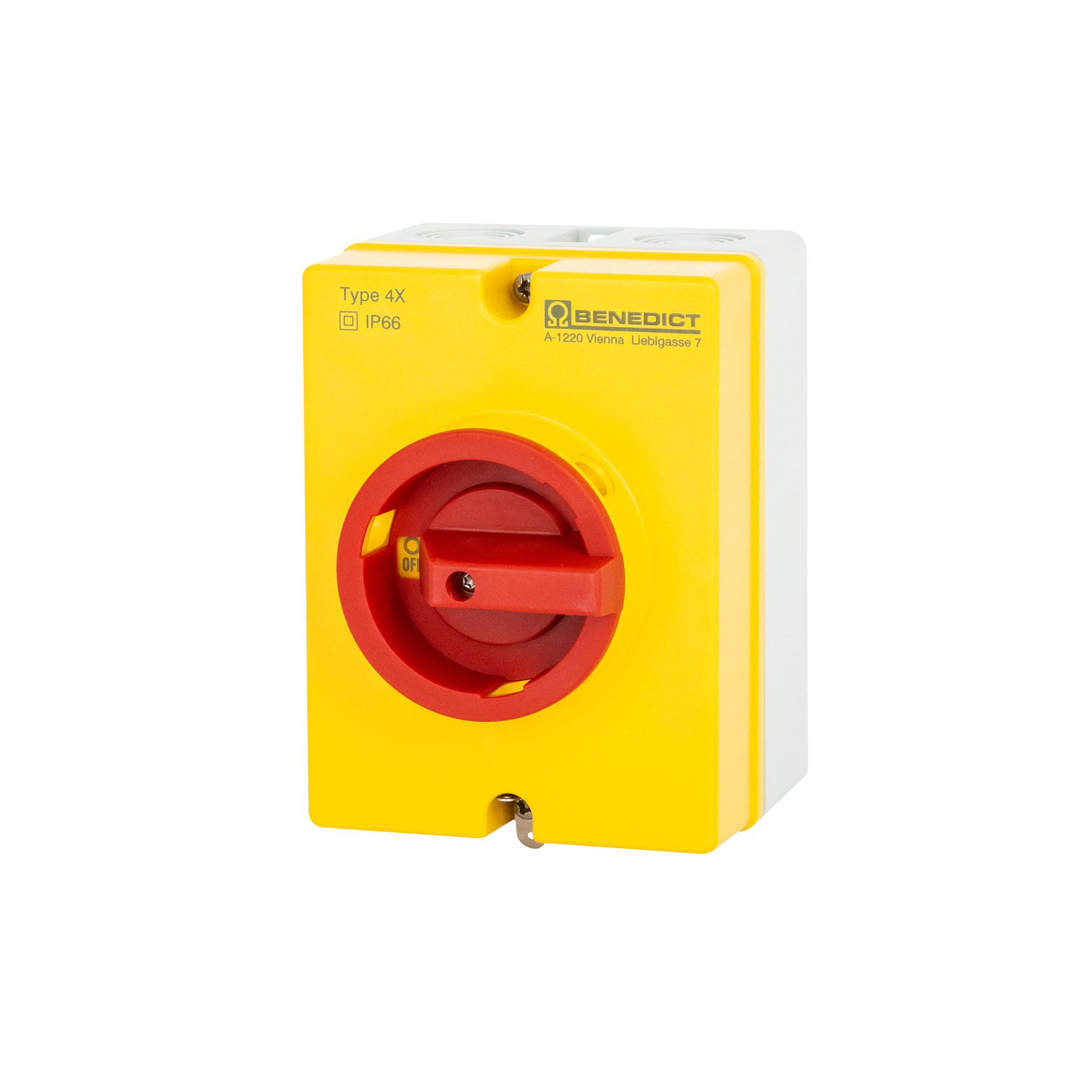 Interruttore principale a superficie ARRESTO DI EMERGENZA 4 poli 32A, 12,5 kW Interruttore principale a superficie ARRESTO DI EMERGENZA 4 poli 32A, 12,5 kW